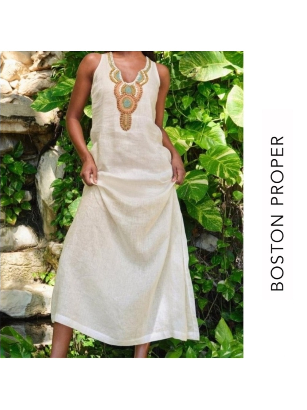 Boston Proper Linen Embellished Beaded Maxi Dress White - Size XS
